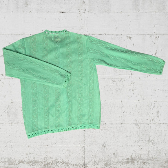 60s Vintage Pastel Green Acrylic Crewneck Crochet Cardigan Sweater Size Large - Picture 8 of 8